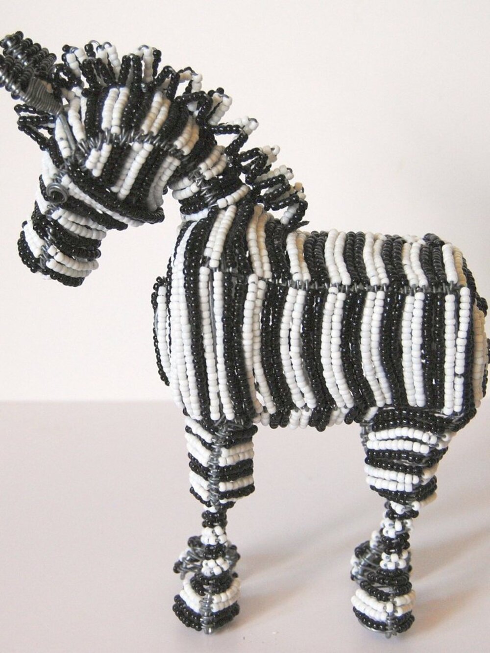 Zebra African Beaded Wire Figurine Handmade  Artisan Black & White Beads